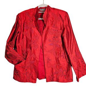 Chico's Womens m Silk Embroidered Red Jacket Coat Career Party Open Business